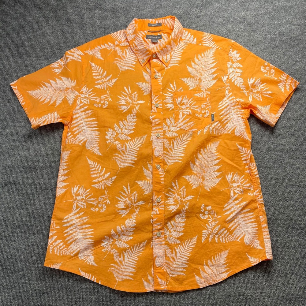 Eddie Bauer Mens Large Orange Fern Leaf Print Short Sleeve Button Down Shirt L